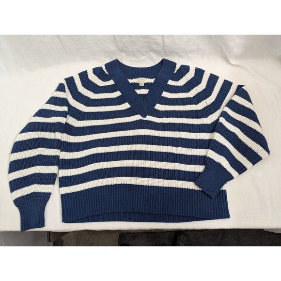 A New Day Sweaters - a new day women's medium blue white striped v neck sweater knit, warm winter A3